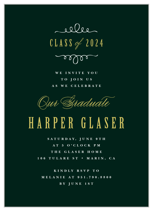 Bring your family and friends together to celebrate your amazing achievement with the sleek look of our Swirling Scrolls Graduation Invitations.