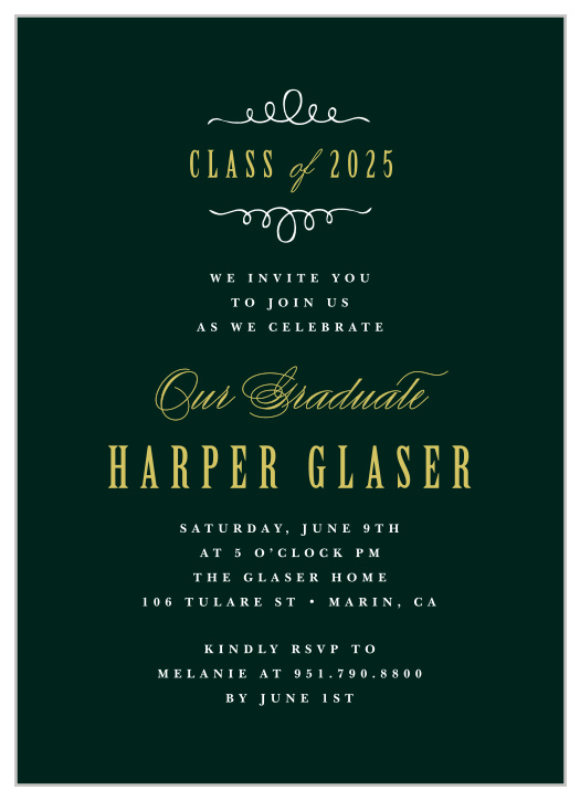 Bring your family and friends together to celebrate your amazing achievement with the sleek look of our Swirling Scrolls Graduation Invitations.