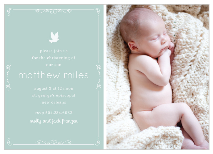 You’re son’s picture, a beautiful scrolling border and a dove illustration makes the Dovey Scrolls Boy Christening Invitations an endearing christening invite.