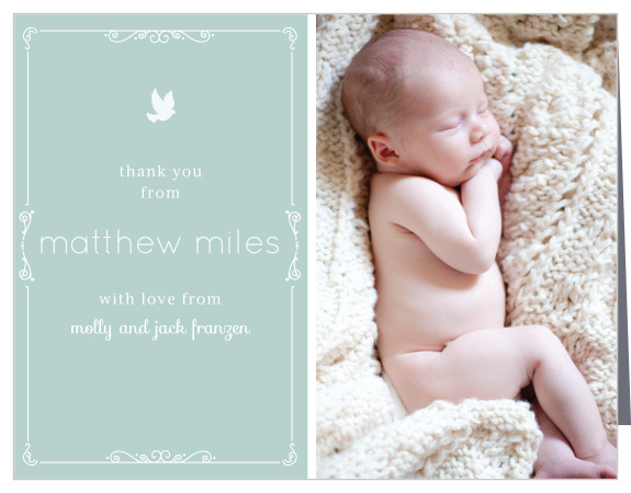 Share your son’s photo with the Dovey Scrolls Boy Christening Thank You Cards. 