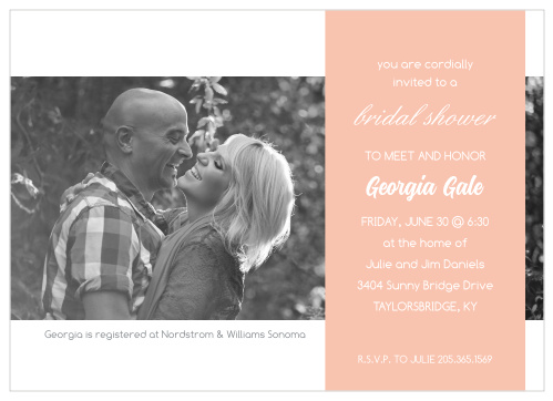 Stand out with a bridal shower invite with an adorable picture of the soon-to-be newly weds! With this invitation your guests will be excited about the upcoming celebration. As always, don't forget to customize the colors and fonts and put in all your information!