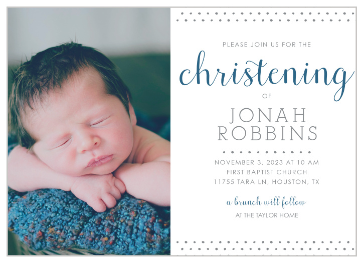 Make your son the star of the Polka Dot Border Boy Christening Invitations. 