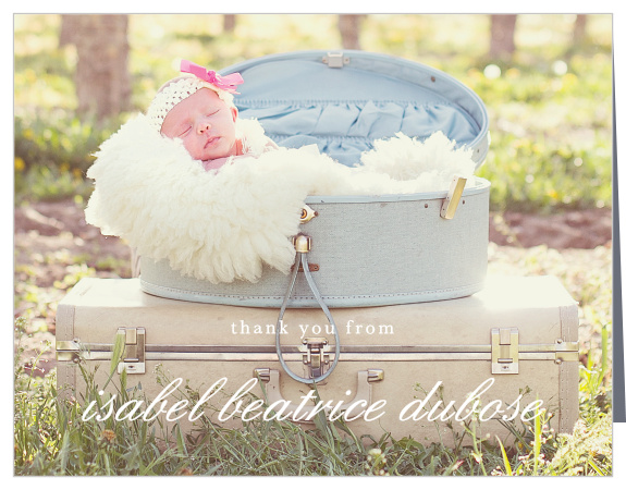 You daughter’s beautiful photo fills the Stacked Text Boy Thank You Cards. 