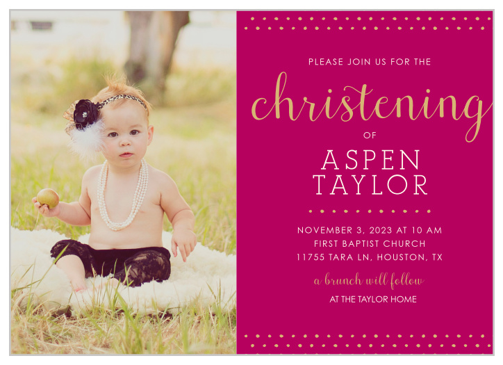 Make your daughter the star of the Polka Dot Border Girl Christening Invitations. 