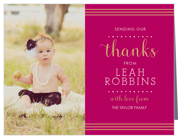 Thank all the friends and family who celebrated your child’s baptism or christening with the Polka Dot Border Foil Girl Christening Thank You Cards. 