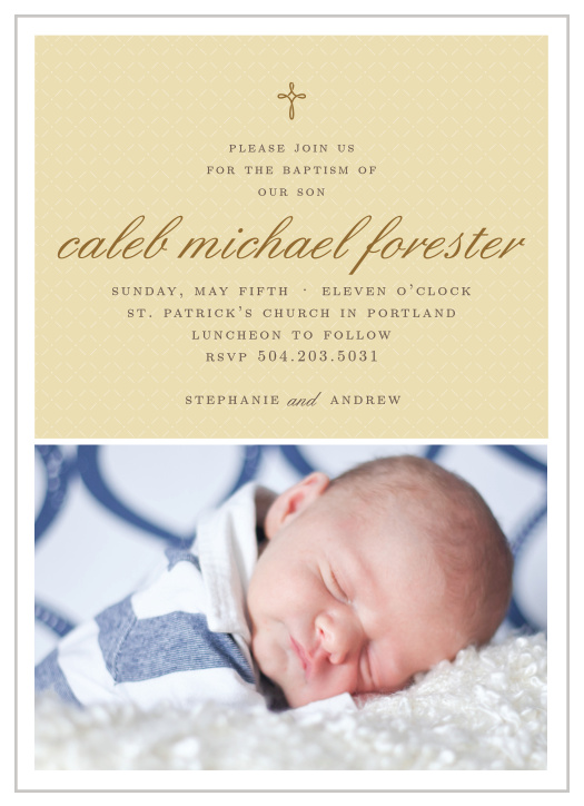 Design an invitation using your son’s photo with the Tiny Cross Boy Christening Invitations.