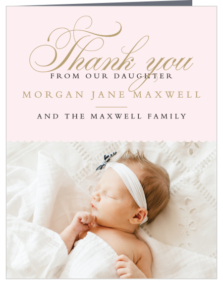 Share your appreciates for the friends and family who celebrated with you using the elegant typefaces of the Scallops and Script Girl Christening Thank You Cards.
