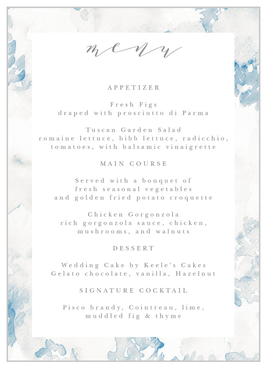 Our Floral Wash Wedding Menus inform family and friends of all of the delicious foods that will be served at the reception.