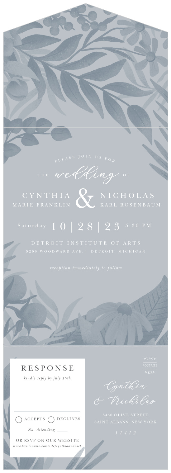 Our Evening Garden Seal & Send Wedding Invitations are the perfect way to invite your guests and collect a guest list at the same time!