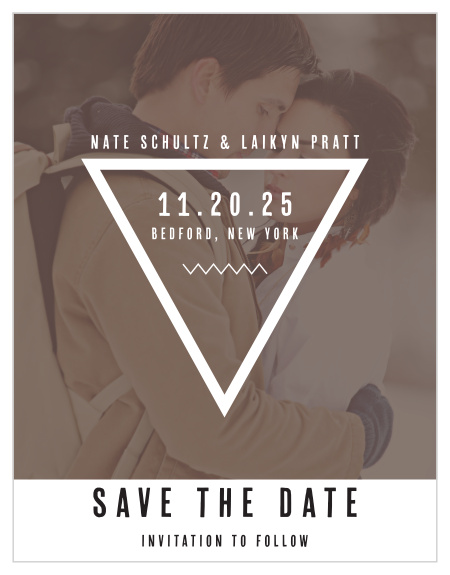 Prepare your guests with this geometric photo save-the-date card. With this contemporary design, you can change all the colors and fonts in order to match your wedding scheme.