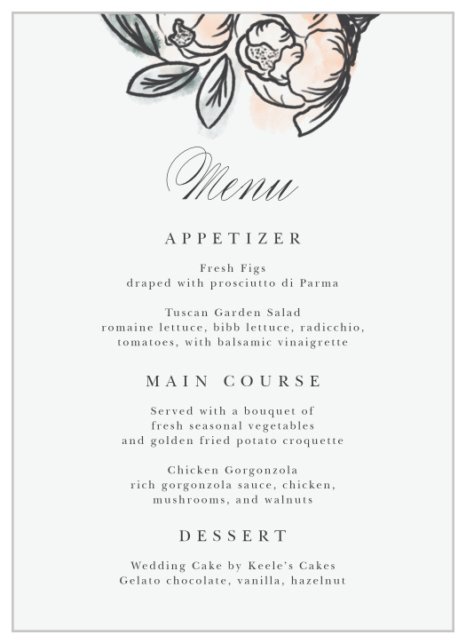 Let family and friends know what delicious foods will be served at your reception with our Peony Sketch Wedding Menus.