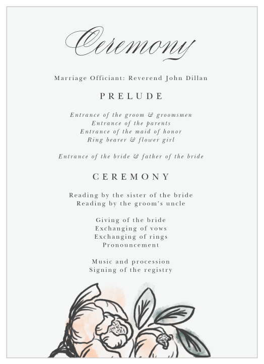 Our Peony Sketch Wedding Programs are the perfect way to keep the days events organized for you and your wedding guests alike! 
