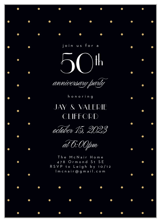 Bring family and friends together to celebrate your 50th year of marriage with our Classic Polkadot Anniversary Invitations.