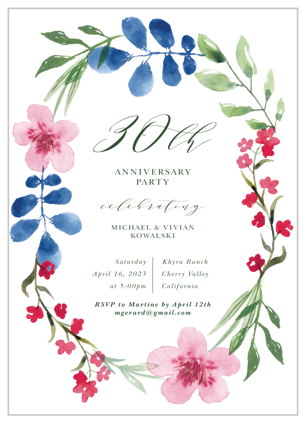Spring Wreath Anniversary Invitations