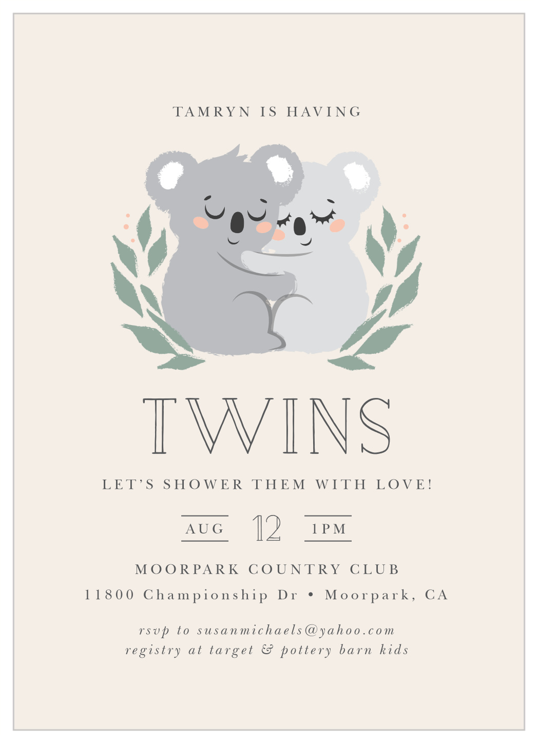 Koala Twins Baby Shower Invitations