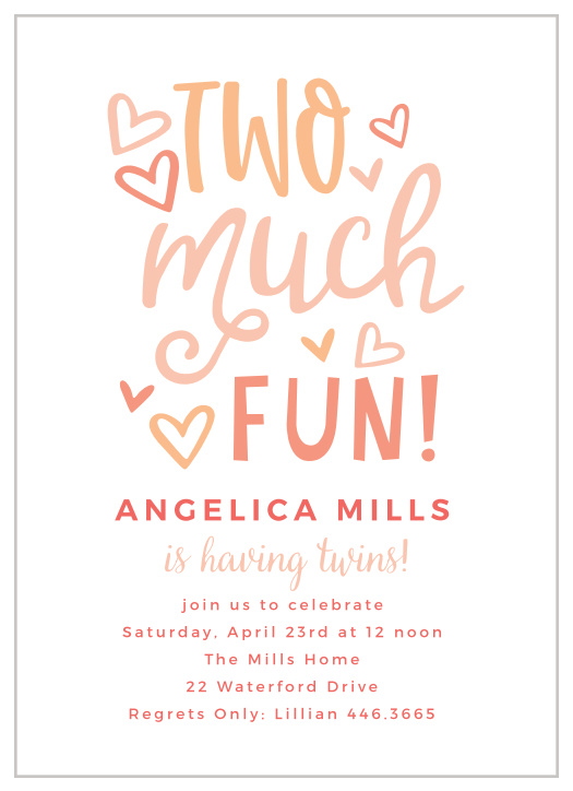 Celebrate having twins with our Two Much Fun Baby Shower Invitations!