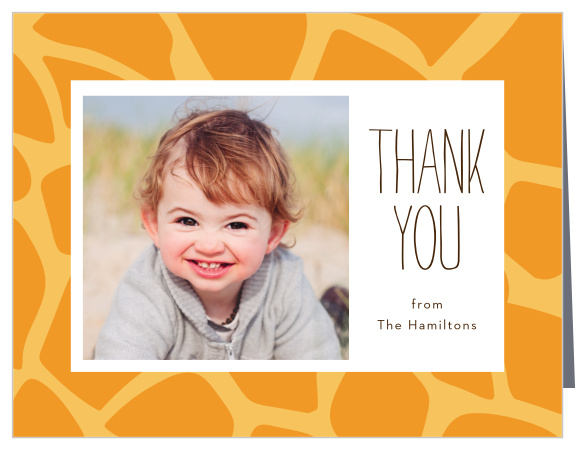 The presence and support of family and friends at your little one's party was special to you, show them your appreciation with our Giraffe Safari First Birthday Thank You Cards.