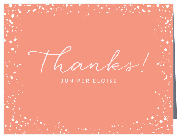 The thank you card you have been looking for! Our First Confetti First Birthday Thank You Cards feature a pink background with decorative paint splatter along the edges.
