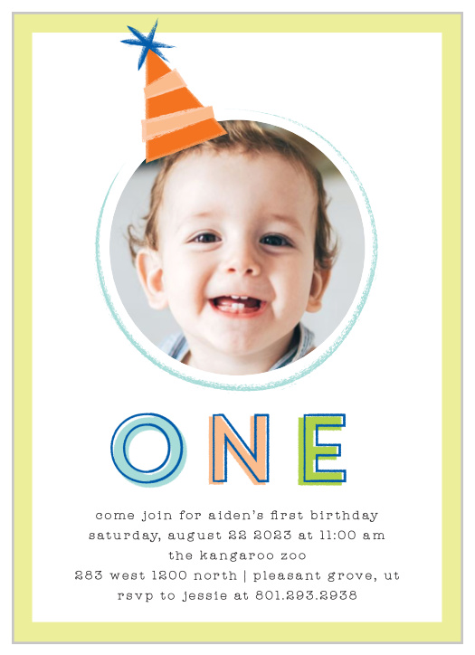 Show off your favorite year-old smiling face on their birthday invitations, using our Party Hat First Birthday Invitations!