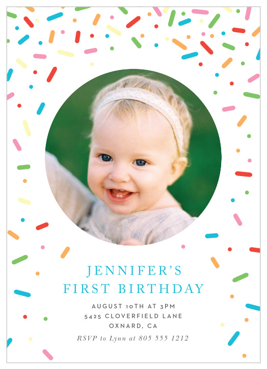 Bring family and friends together to celebrate your little one's special day with our Candy Sprinkles First Birthday Invitations.
