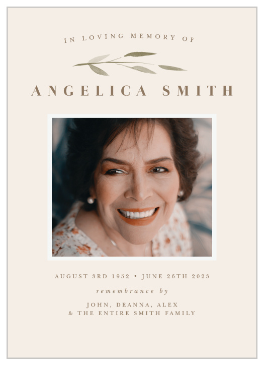 Let those closest to your departed know when a service will be held to celebrate their life, using our Watercolor Branch Memorial Announcements.