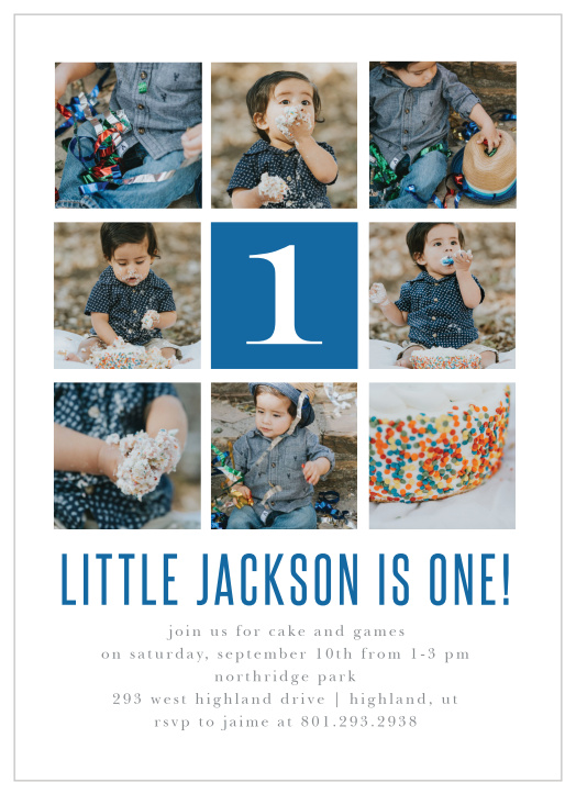 Can't decide what photo of your little one you want to share with family and friends? Display eight lovely pictures at the top of every card with our Photo Tiles First Birthday Invitations.