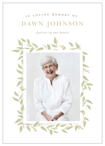 Our Greenery Frame Memorial Announcements is here to honor the memory of your loved one. 