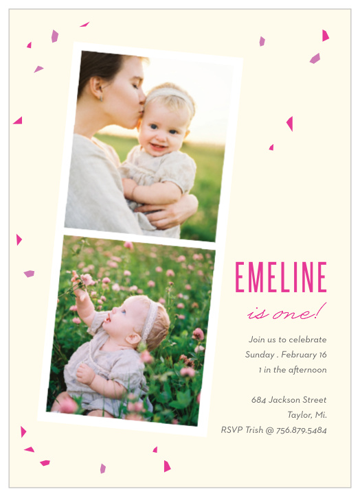 Your growing baby has reached their full first year of life, and it's time to celebrate such a milestone! Send out our Confetti Photos First Birthday Invitations to friends and family to let them know its time to party!