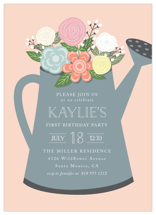 Celebrate your baby turning one with our Watering Can Blossoms First Birthday Invitations!