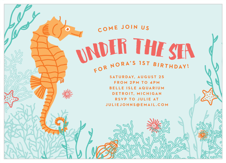 Invite friends and family to celebrate with an under the sea theme for your child's first birthday, with our Little Seahorse First Birthday Invitations
