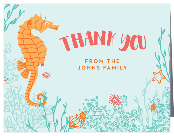 The support and presence of family and friends during your little one's underwater theme deserves some thanks. Our Little Seahorse First Birthday Thank You Cards are exactly what you need.