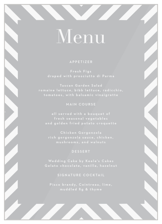 Let family and friends know every delicious food that will be served at your reception with our Boldly Striped Clear Wedding Menus.