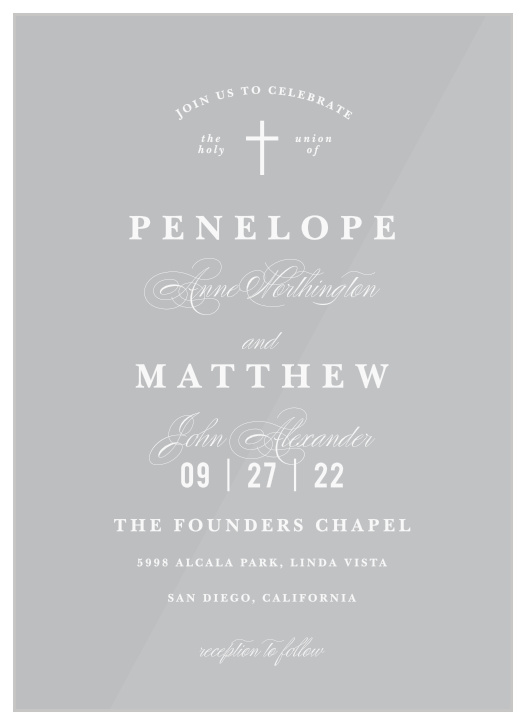Effortlessly kickstart your wedding celebrations with our Holy Union Clear Wedding Invitations!