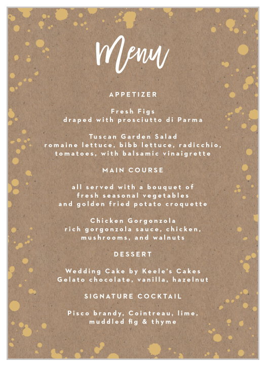 Describe each delicious dish that will be served at your reception with our Classic Kraft Wedding Menus.