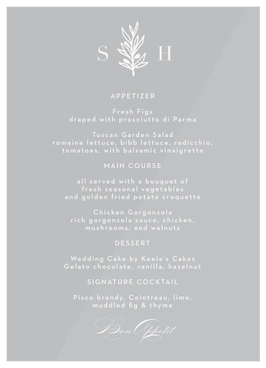 Our Monogram Sprig Clear Wedding Menus let family and friends know what foods you will have served at your reception.