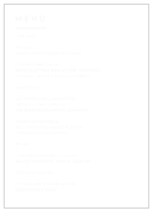 Our Perfectly Stacked Clear Wedding Menus lets family and friends know what delicious foods will be served at your reception.