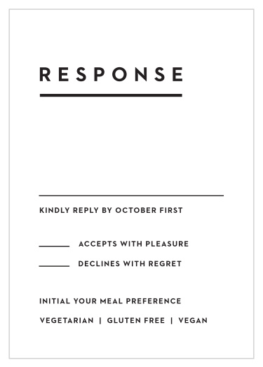 Get a headcount of all of your family and friends that plan on making it to your special day with our Delicate Greenery Response Cards. White illustrations of foliage sprout at the top of every card with the word Response swirling in calligraphy above. Your requested information sits at the bottom in classic black typography against a white background. Personalize these cards with endless combinations of colors and fonts to be perfect for you and your loved ones.