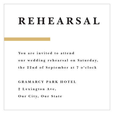 Gather family and friends the night before the wedding to make sure it will go off without a hitch with our Modern Overlap Rehearsal Cards. 