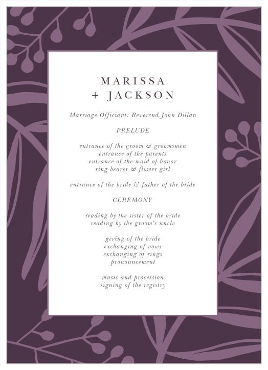 Share your wedding information exotic, regal fashion with our Stamped Foliage Wedding Programs.