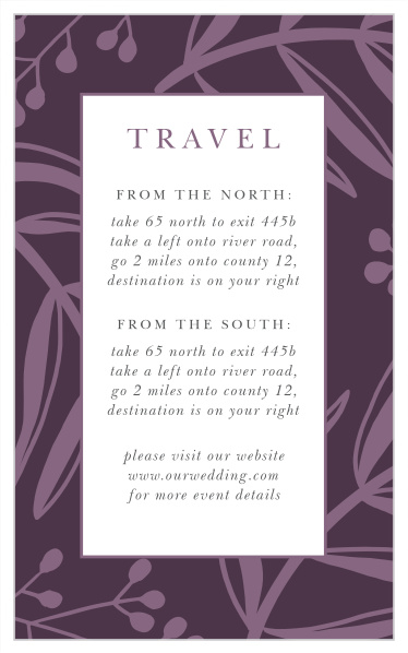 Share your wedding information exotic, regal fashion with our Stamped Foliage Direction Cards.