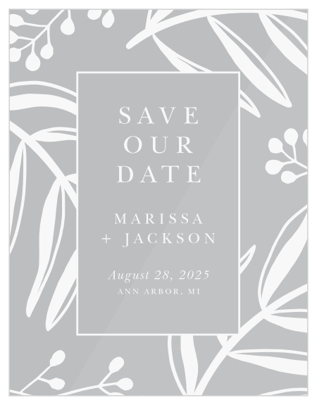 Share your wedding information exotic, regal fashion with our Stamped Foliage Clear Save the Date Cards.
