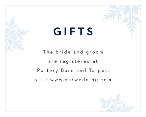 Share your wedding information in wintery wonder with our Stunning Snowflakes Registry Cards.