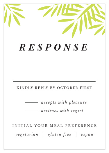 Gather a headcount of everyone that plans to attend your wedding with our Frame of Fronds Response Cards.