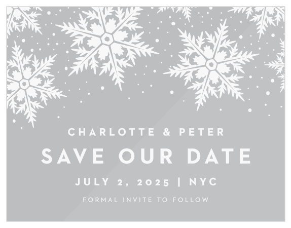 Share your wedding information in wintery wonder with our Stunning Snowflakes Clear Save the Date Cards.