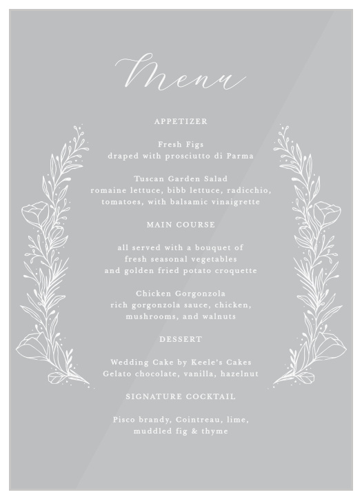 Our Tulip Wreath Clear Wedding Menus are the perfect way to inform your guests of your course selections for the food on your big day!