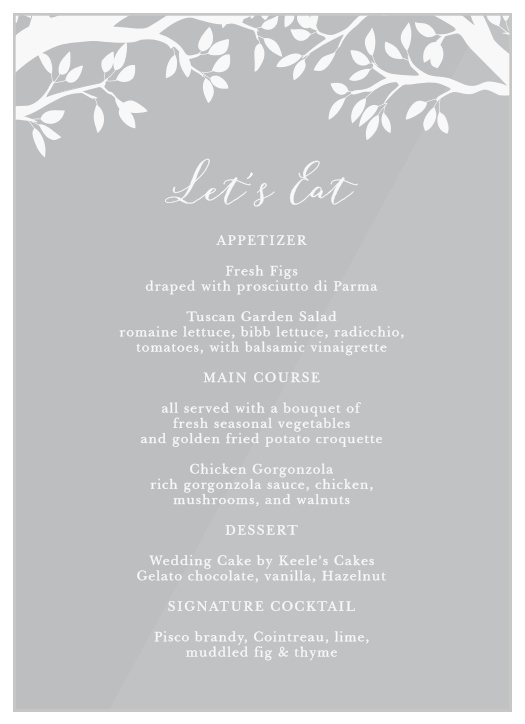 Who says menus can't be stylish? Get our Rustic Tree Clear Wedding Menus today!