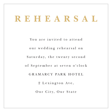 Practice makes perfect! Our Joyful Union Rehearsal Cards gather your family and friends the night before to make sure that your wedding will go off without a hitch!