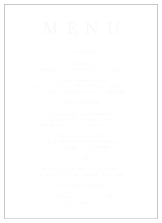 Describe every mouthwatering detail of your reception dinner to family and friends with our Joyful Union Clear Wedding Menu.