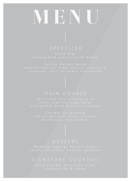 Have your dinner options stand out with our Lined Up Clear Wedding Menus.