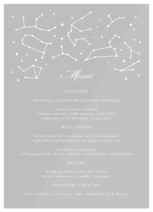 Our Classic Constellation Clear Wedding Menus are the perfect way to outline the course selections at your wedding celebrations!